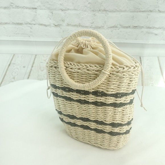 New York & Company Womens Beige Striped Rectangle Wicker Drawstring Handbag - Picture 2 of 13